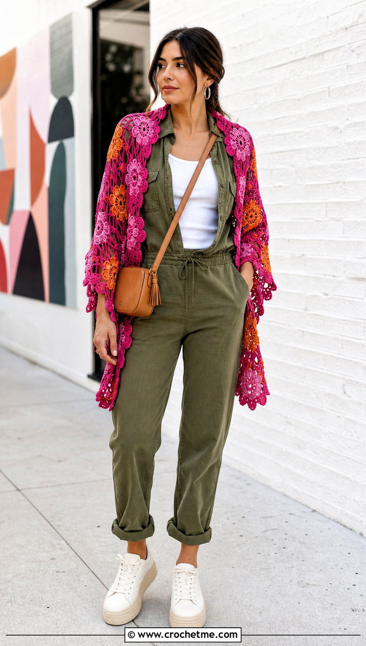 Floral Motif Wrap Around Shrug With Utility Jumpsuit - 25 Crochet Wrap Around Shrug outfit ideas