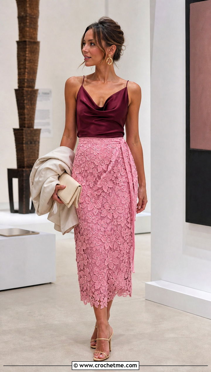 Floral Motif Wrap Crochet Skirt With Satin Camisole - 15 wrap crochet skirt outfit ideas