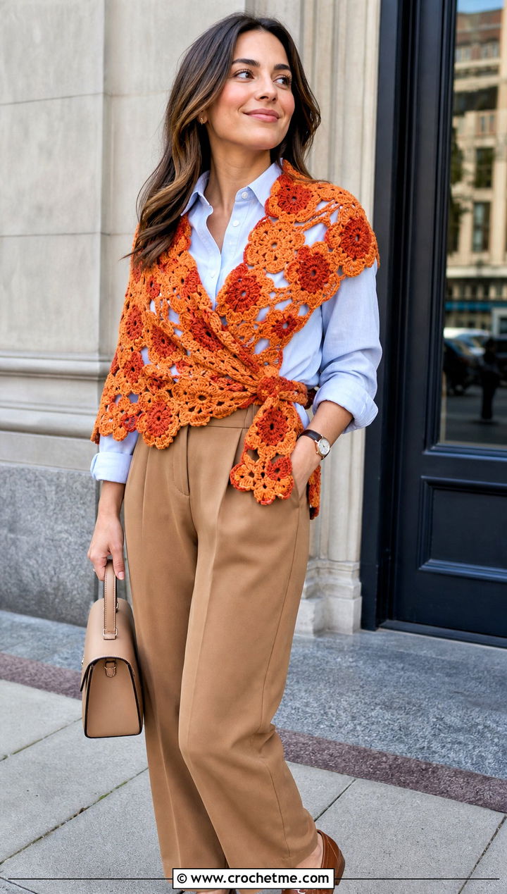 Floral Motif Wrap With Button Down Shirt And Trousers - 15 Crochet Floral Shawl outfit ideas
