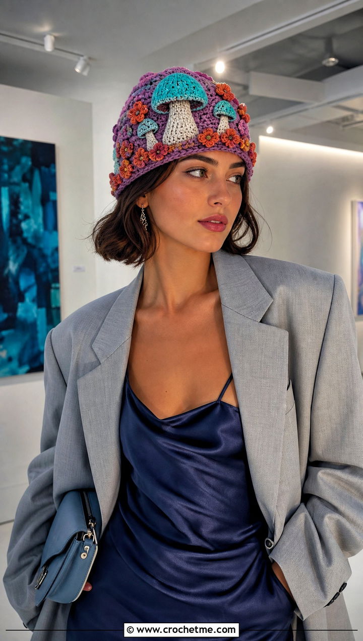 Floral Mushroom Beanie With Blazer And Slip Dress - 20 crochet mushroom beanie outfit ideas