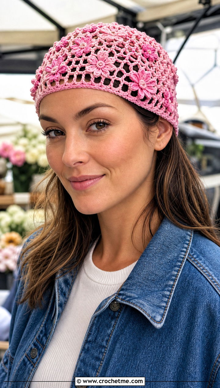 Floral Net Cap With Denim Jacket - 25 crochet net hat outfit ideas
