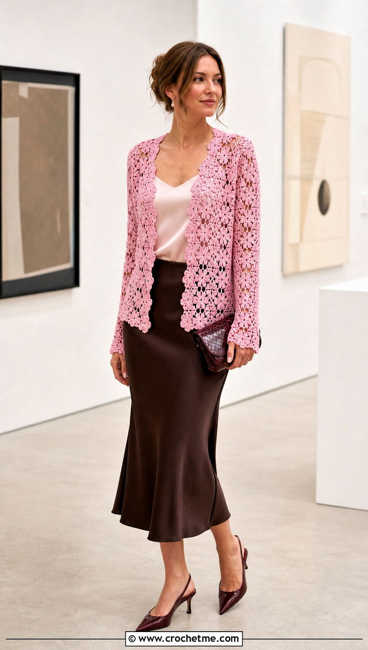 Floral Openwork Crochet Cardigan With Satin Midi Skirt - 25 Lacy Crochet Cardigan outfit ideas