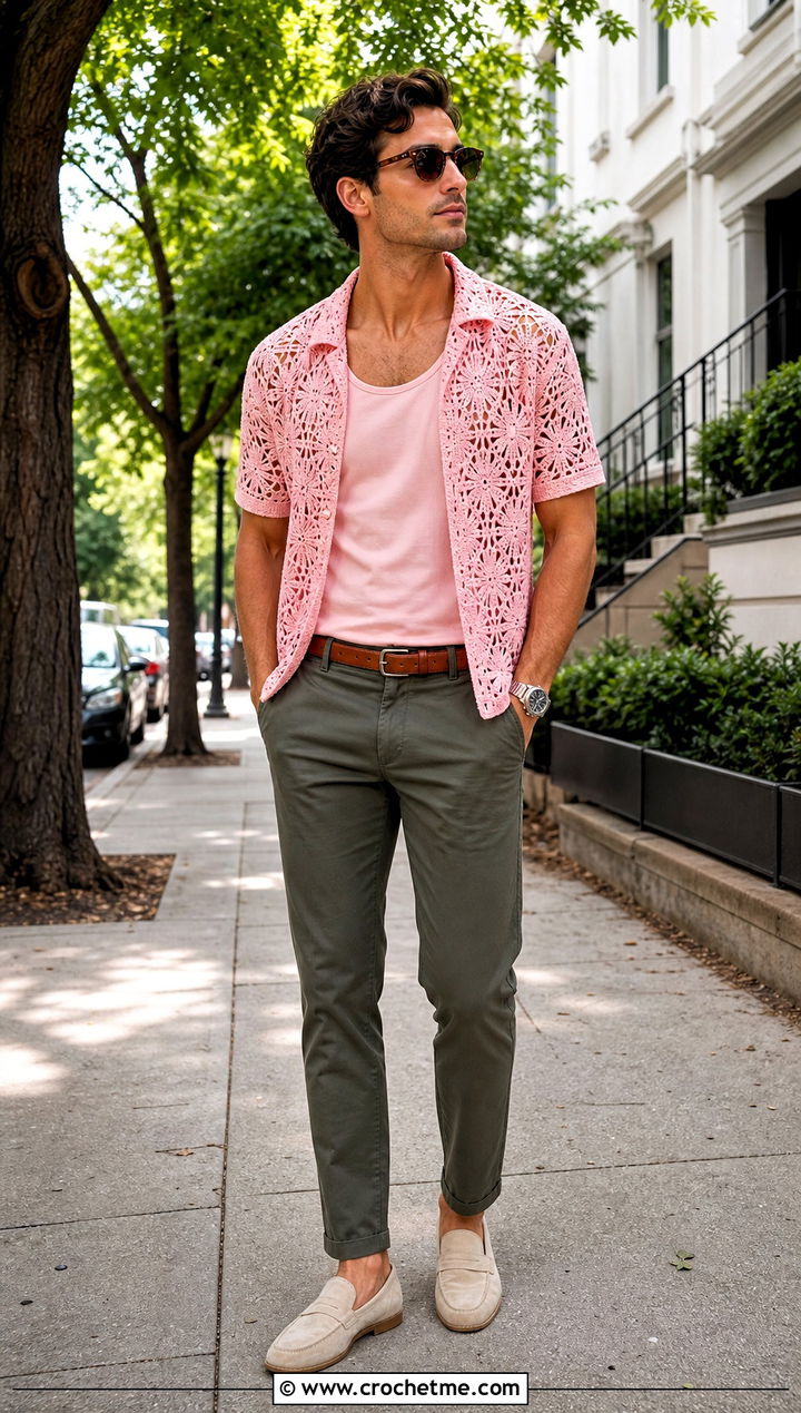 Floral Openwork Crochet Shirt With Chinos - 25 Men Crochet Mesh Shirt outfit ideas