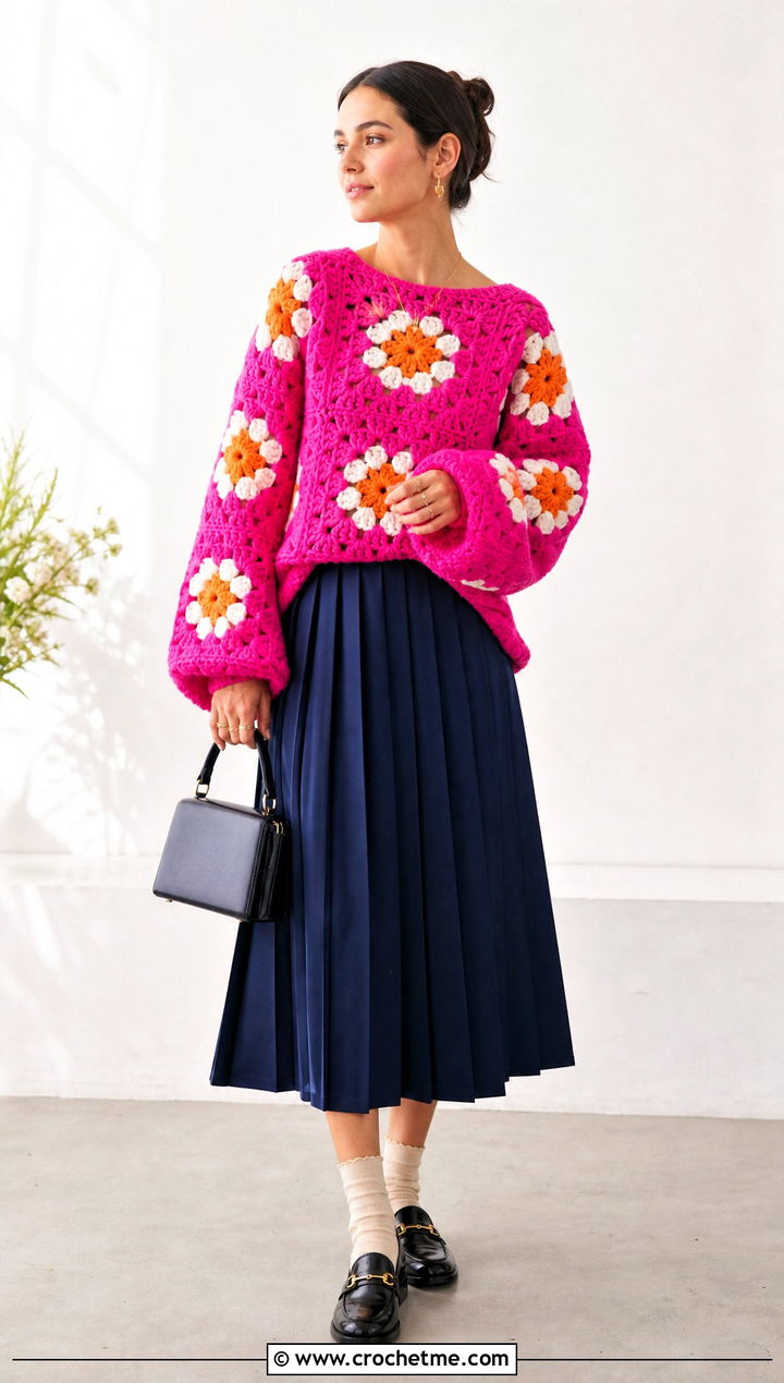 Floral Oversized Granny Square Sweater With Pleated Midi Skirt - 30 oversized granny square sweater outfit ideas