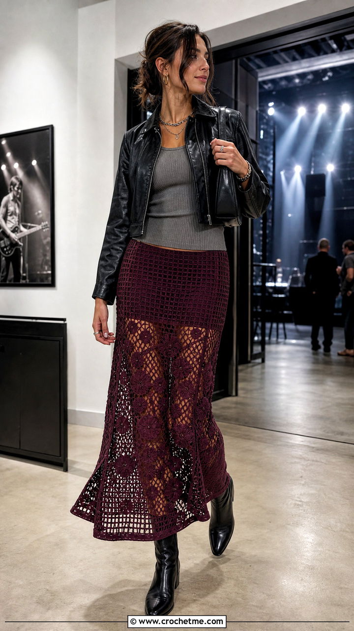 Floral Panel Filet Crochet Skirt With Leather Jacket - 35 Filet Crochet Skirt outfit ideas