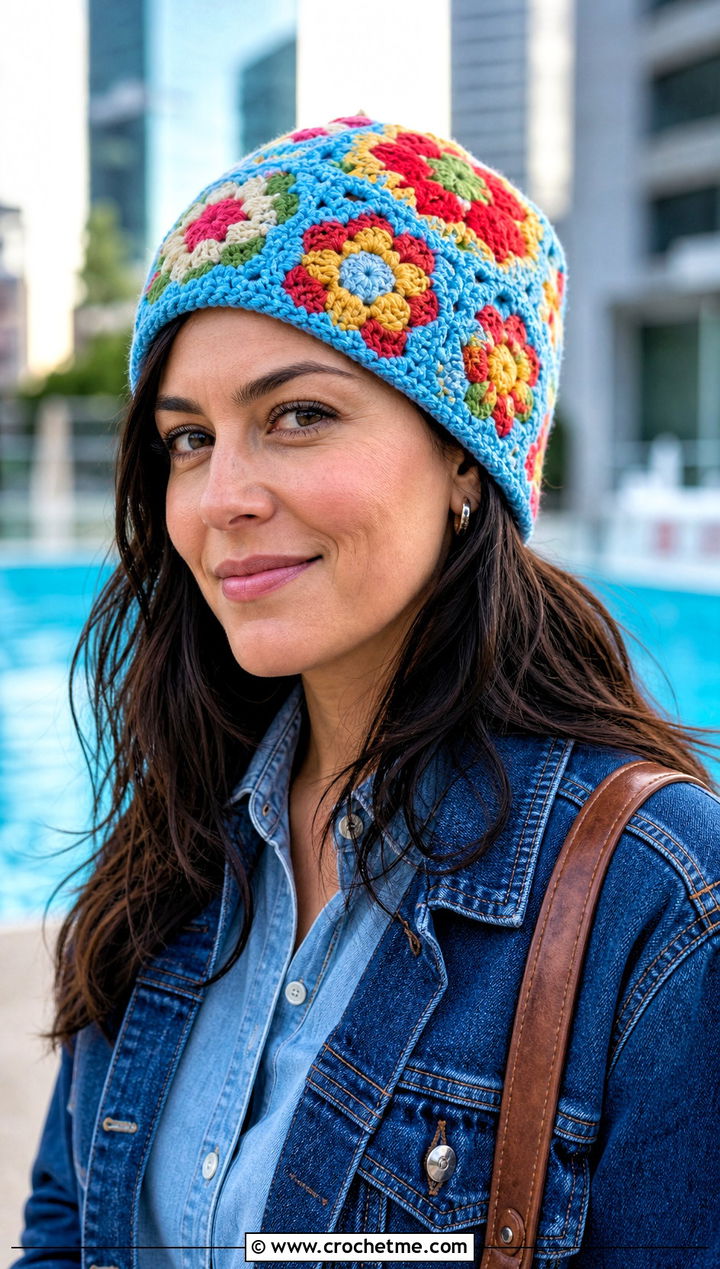 Floral Patchwork Crochet Beanie With Canadian Tuxedo - 30 crochet flower beanie outfit ideas