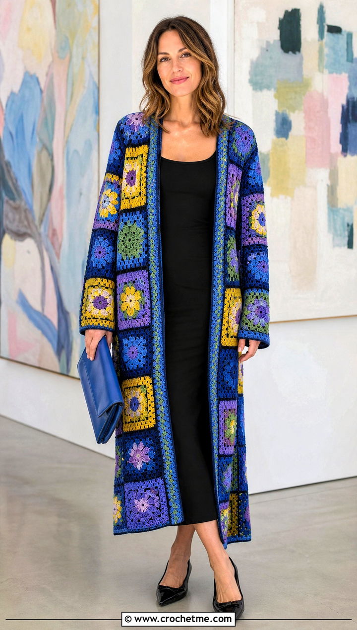 Floral Patchwork Crochet Cardigan With Column Dress - 25 Flower Crochet Cardigan outfit ideas