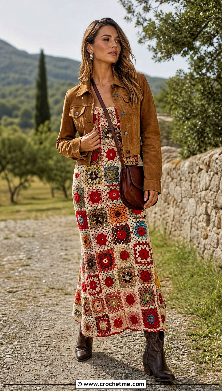 Floral Patchwork Crochet Maxi Dress With Western Boots - 15 floral crochet maxi dress outfit ideas