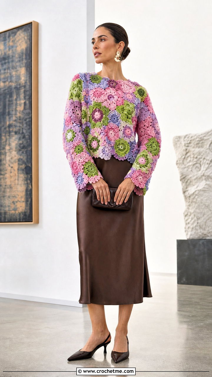 Floral Patchwork Crochet Sweater With Satin Midi Skirt - 35 patchwork crochet sweater outfit ideas