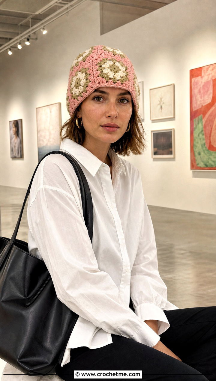 Floral Patchwork Granny Square Beanie With White Shirt - 30 granny square beanie outfit ideas