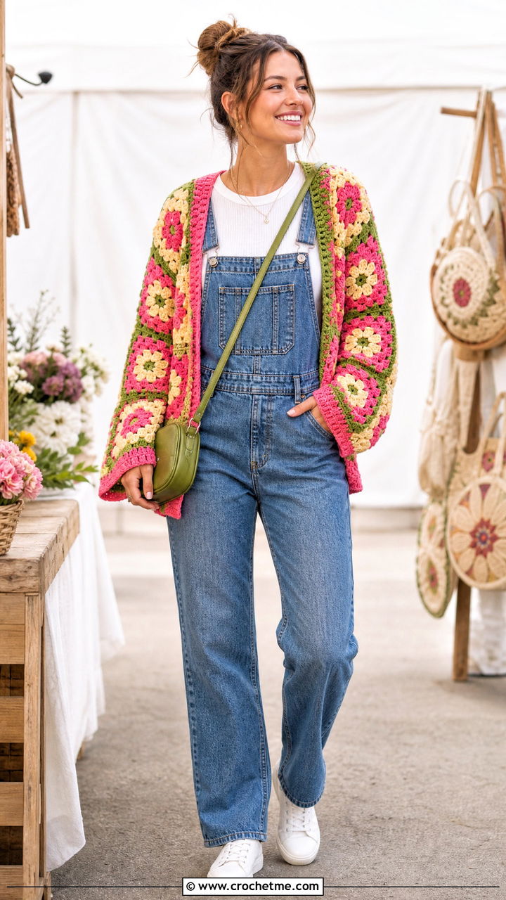 Floral Patchwork Granny Square Cardigan With Denim Overalls - 35 crochet granny square cardigan outfit ideas