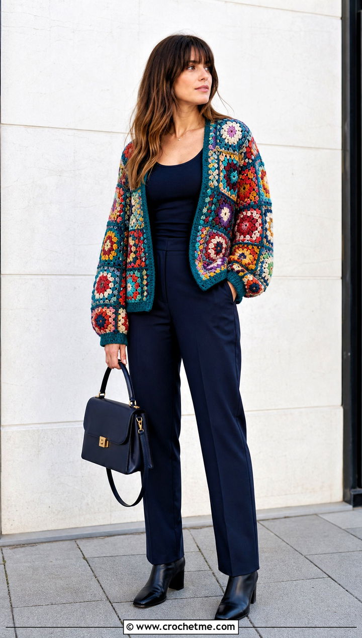 Floral Patchwork Granny Square Sweater With Monochrome Basics - 30 flower granny square sweater outfit ideas