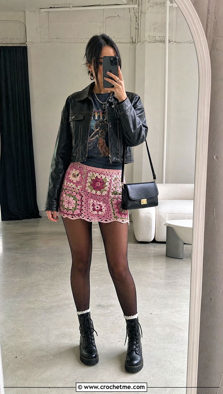 Floral Patchwork Mini Crochet Skirt With Band Tee - 15 Vintage Crochet Skirt outfit ideas