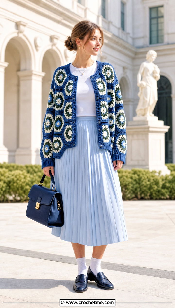 Floral Pentagon Granny Square Cardigan With Pleated Skirt - 25 Pentagon Granny Square Cardigan outfit ideas