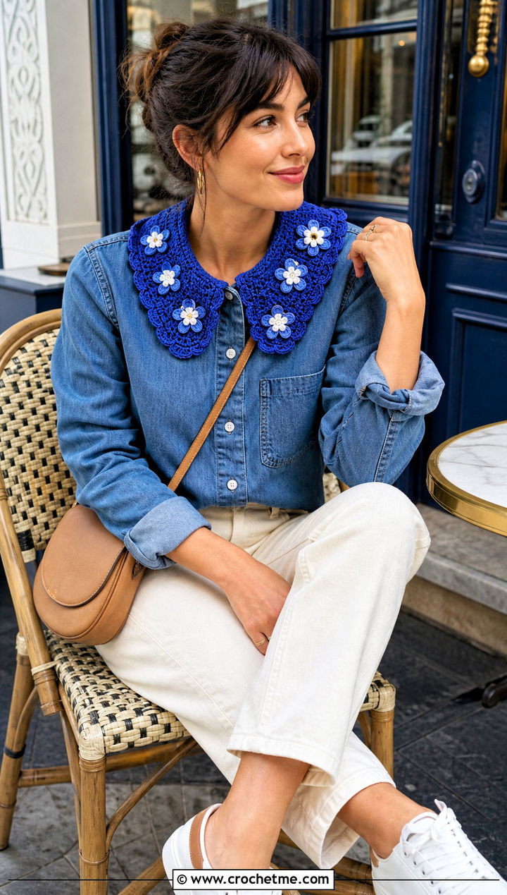 Floral Peter Pan Collar With Denim Shirt - 15 handmade floral crochet collar outfit ideas