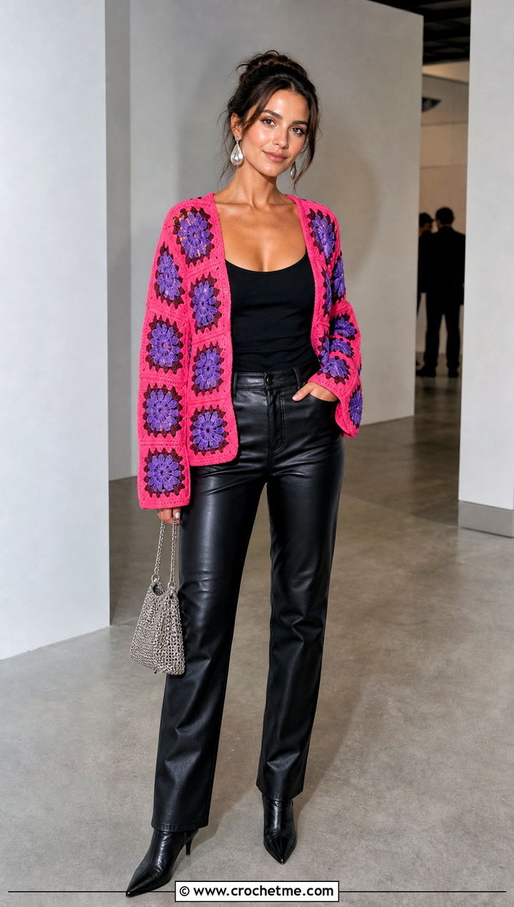Floral Pink Granny Square Cardigan With Leather Pants - 35 pink granny square cardigan outfit ideas