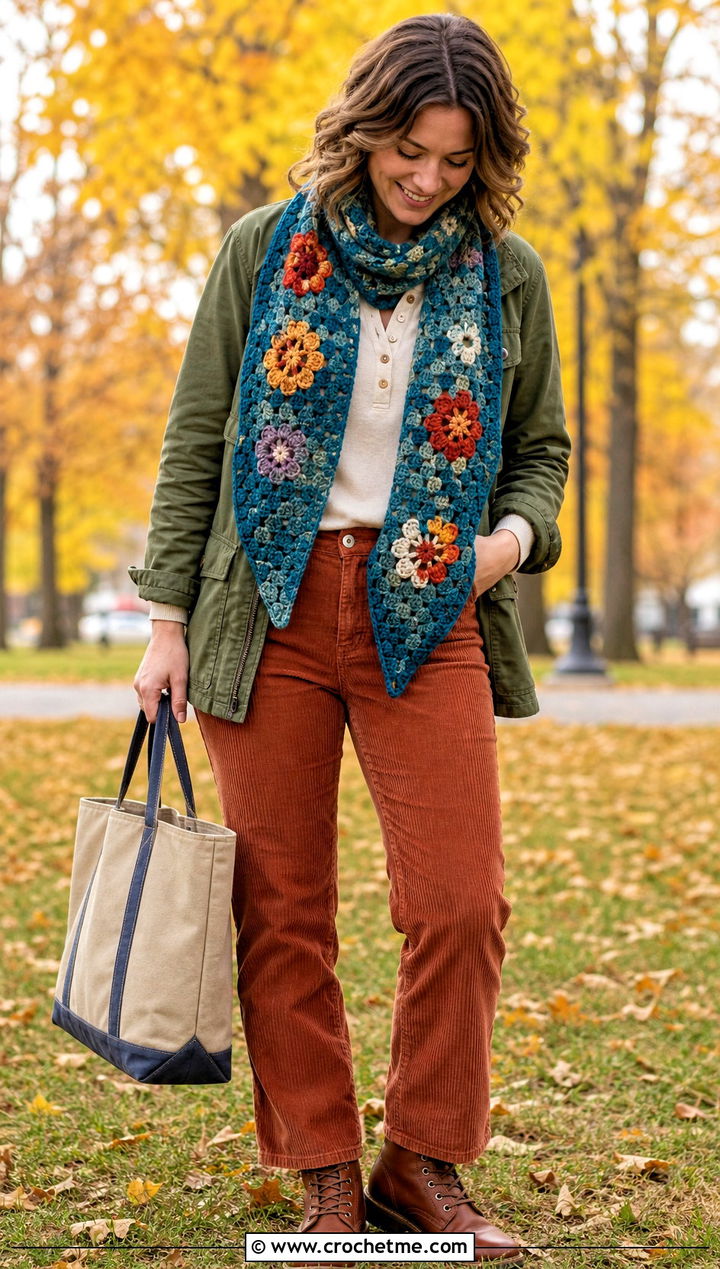 Floral Pixel C C Scarf With Field Jacket And Corduroy Pants - 35 c2c crochet scarf outfit ideas