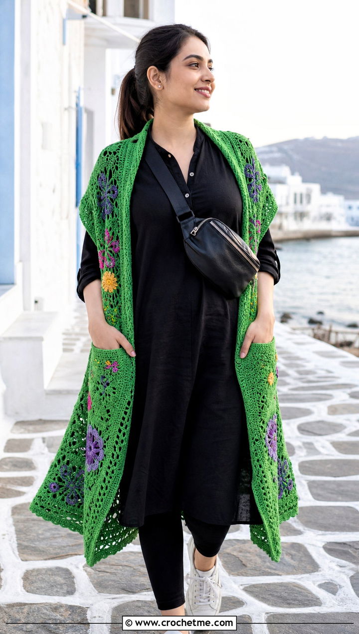 Floral Pocket Shawl With Leggings And Sneakers - 15 Crochet Floral Shawl outfit ideas