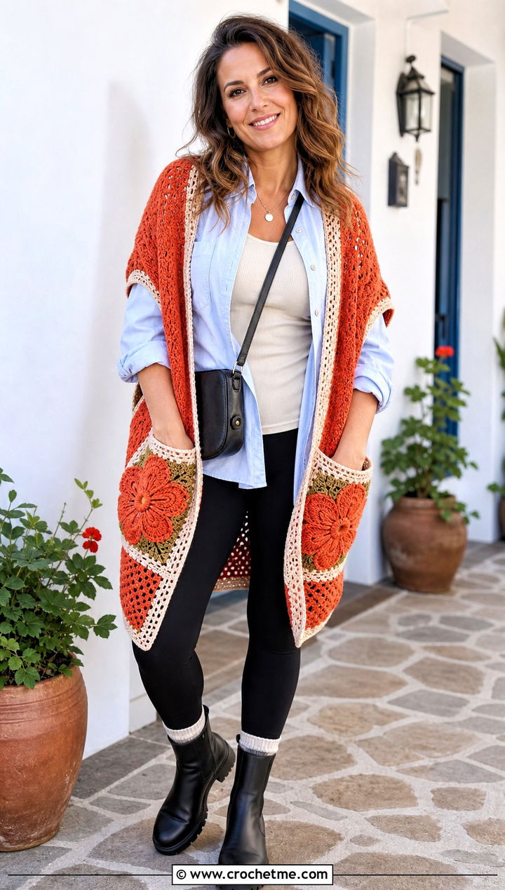 Floral Pocket Shawl With Leggings - 15 Crochet Flower Shawl outfit ideas