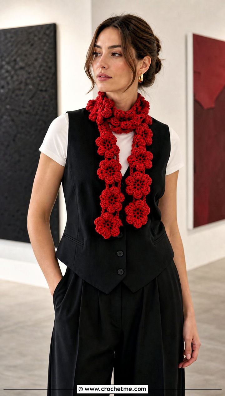 Floral Popcorn Crochet Scarf With Tailored Vest - 25 Popcorn Crochet Scarf outfit ideas