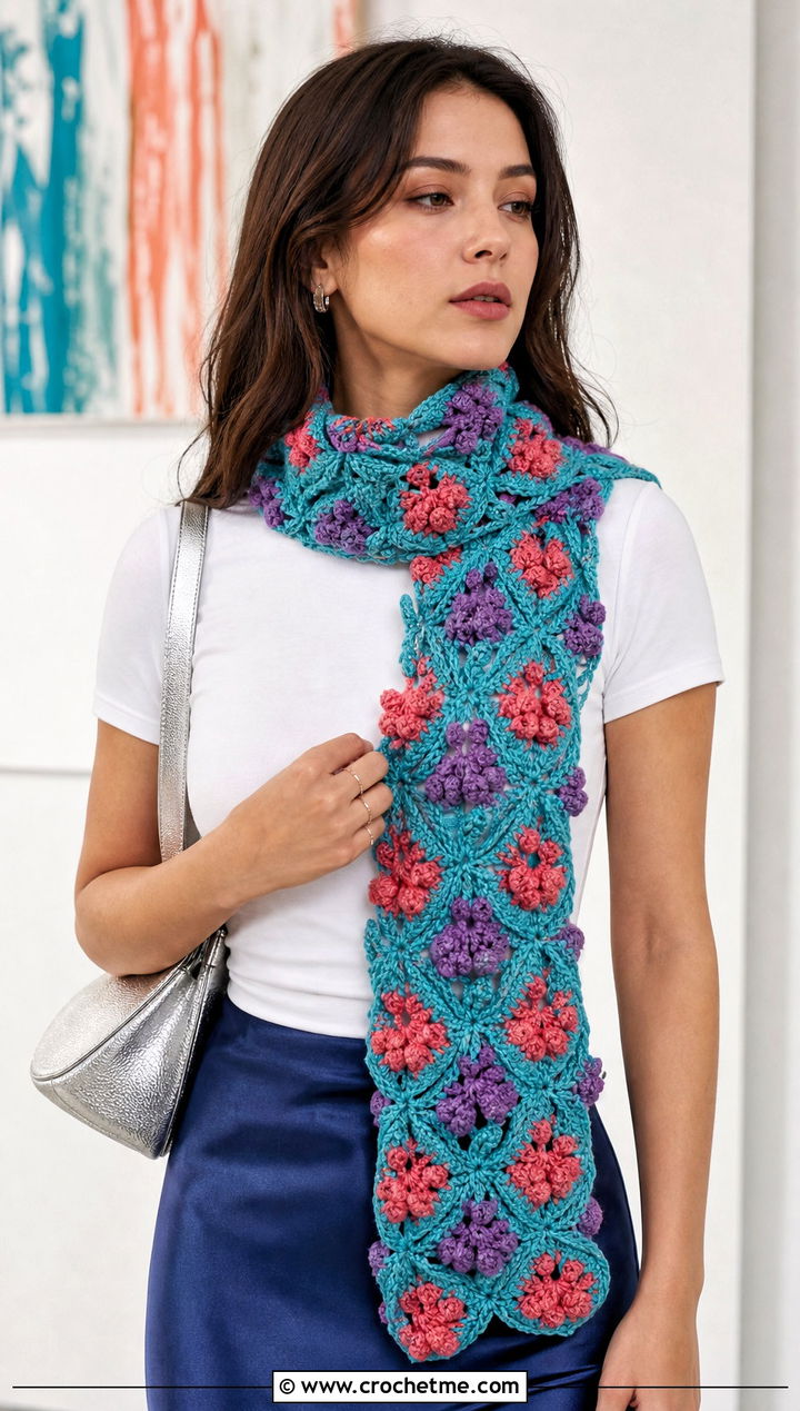 Floral Puff Motif Scarf With T Shirt And Satin Skirt - 15 Playful Puffs Crochet Scarf outfit ideas