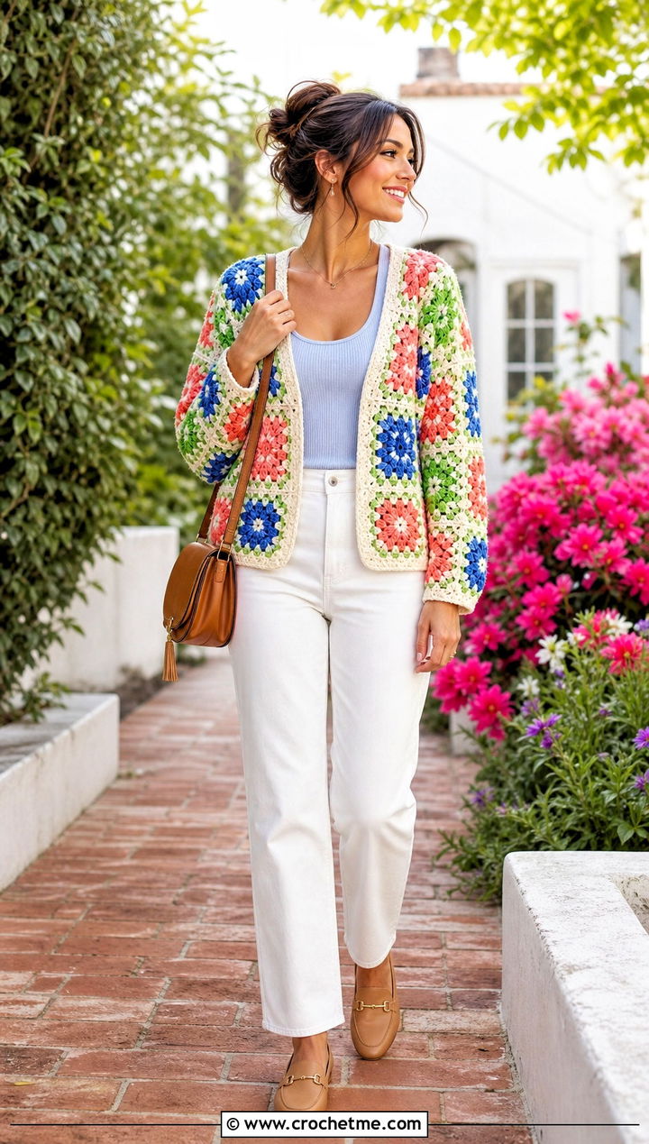 Floral Rainbow Granny Square Cardigan With White Jeans - 25 Rainbow Crochet Cardigan outfit ideas