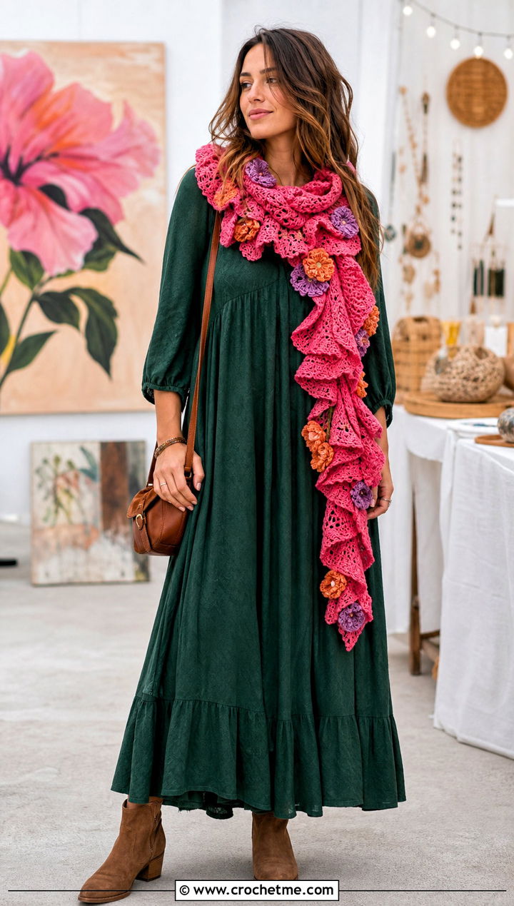 Floral Ruffle Scarf With Maxi Dress And Ankle Boots - 30 crochet ruffle scarf outfit ideas