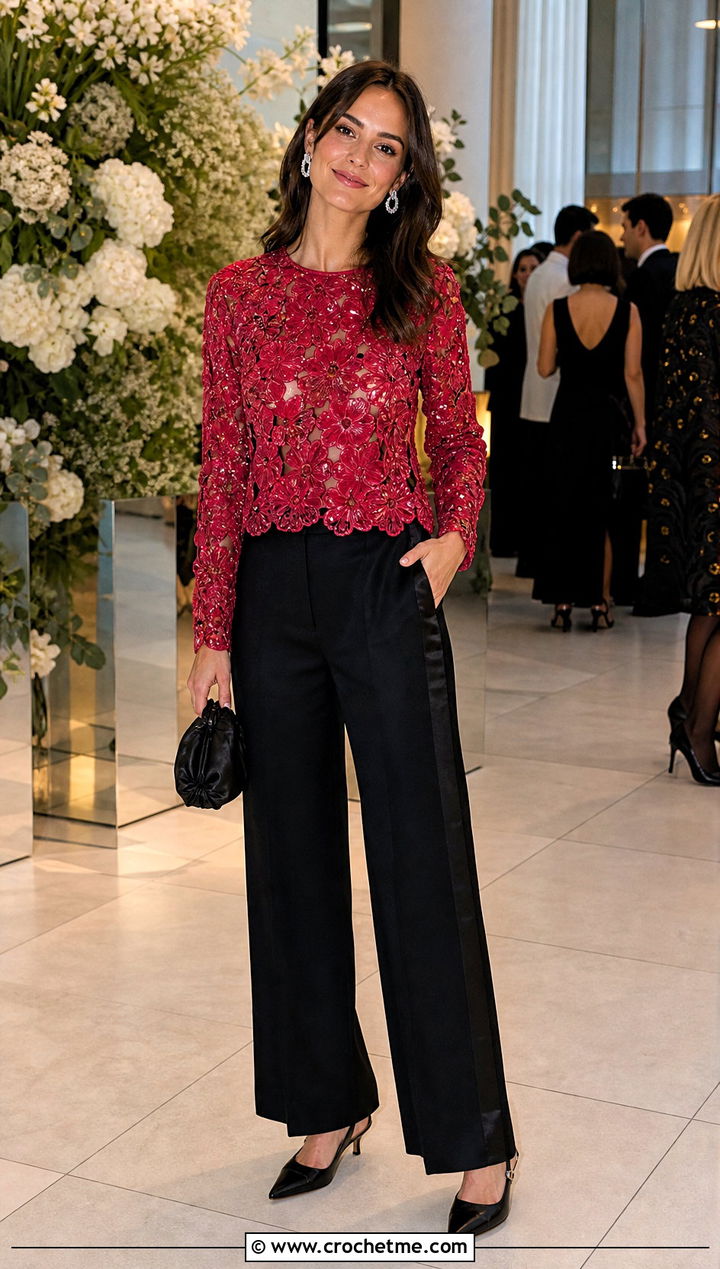 Floral Sequin Crochet Long Sleeve Top With Tuxedo Pants - 25 Crochet Flower Top Long Sleeve outfit ideas