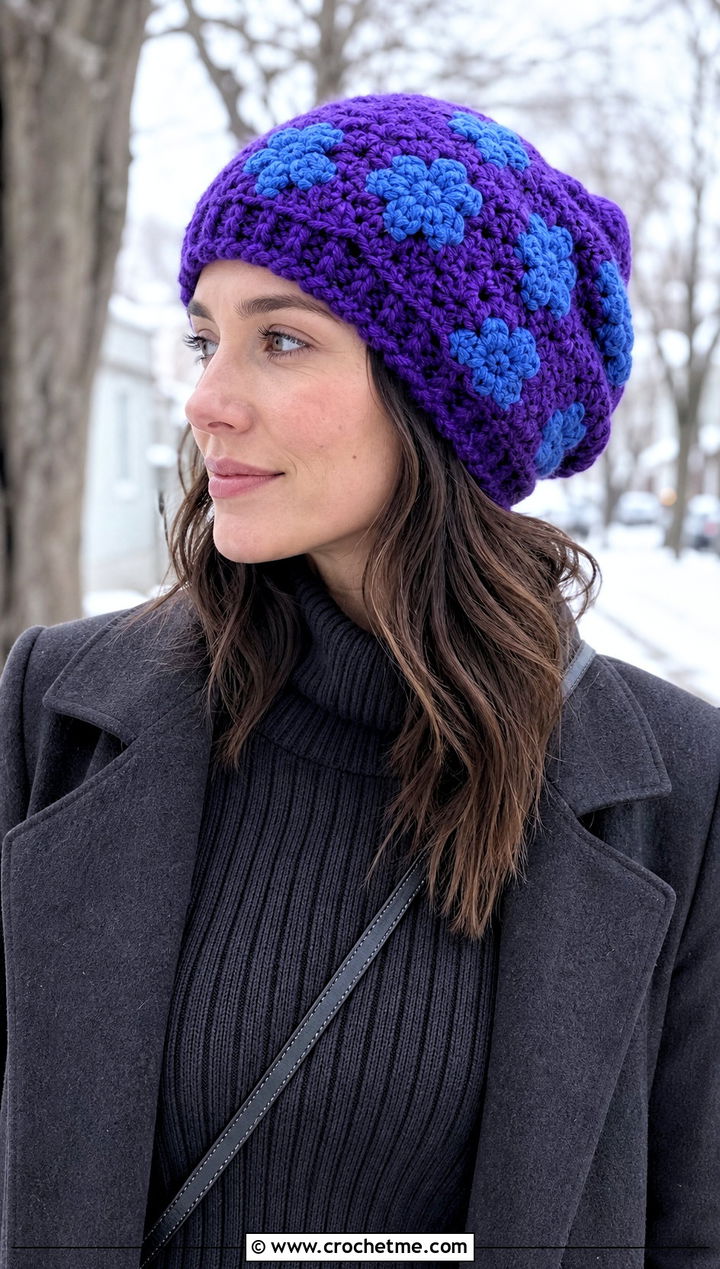 Floral Slouchy Crochet Beanie With Sweater Dress - 30 crochet flower hat outfit ideas