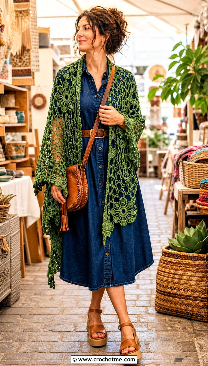 Floral Spiderweb Crochet Shawl With Denim Dress - 30 spiderweb crochet shawl outfit ideas