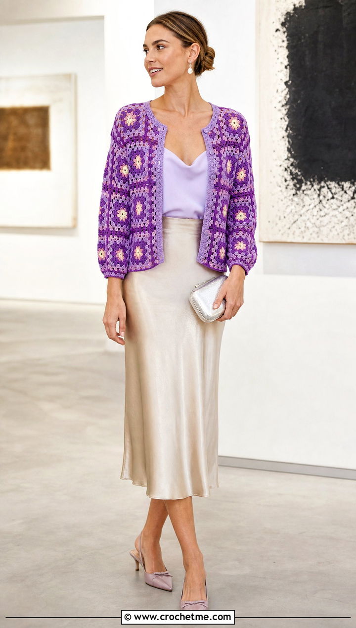 Floral Square Crochet Patched Cardigan With Satin Midi Skirt - 20 Crochet Patched Cardigan outfit ideas