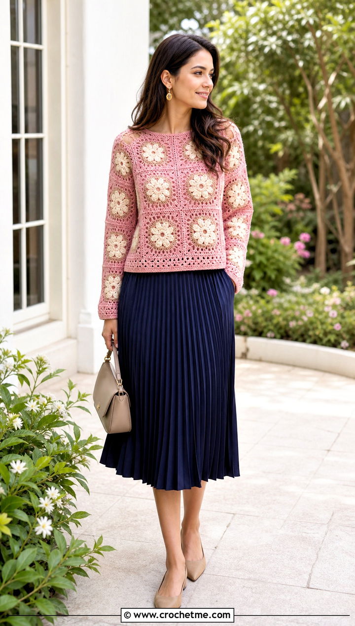 Floral Square Crochet Sweater With Pleated Midi Skirt - 25 Square Crochet Sweater outfit ideas