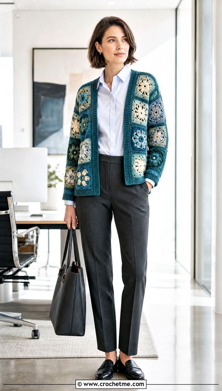 Floral Square Patch Crochet Cardigan With Tailored Trousers - 25 Square Patch Crochet Cardigan outfit ideas
