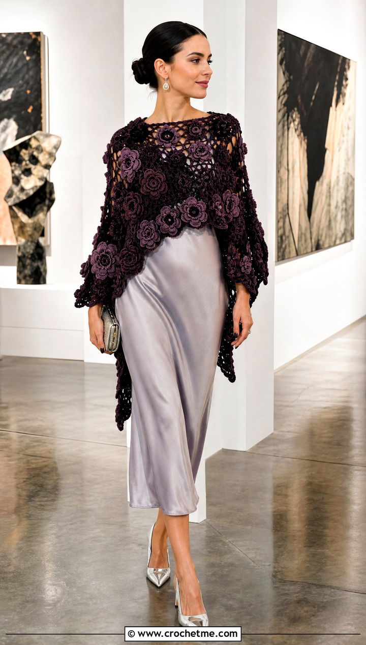 Floral Square Poncho With Slip Dress - 30 crochet square poncho outfit ideas