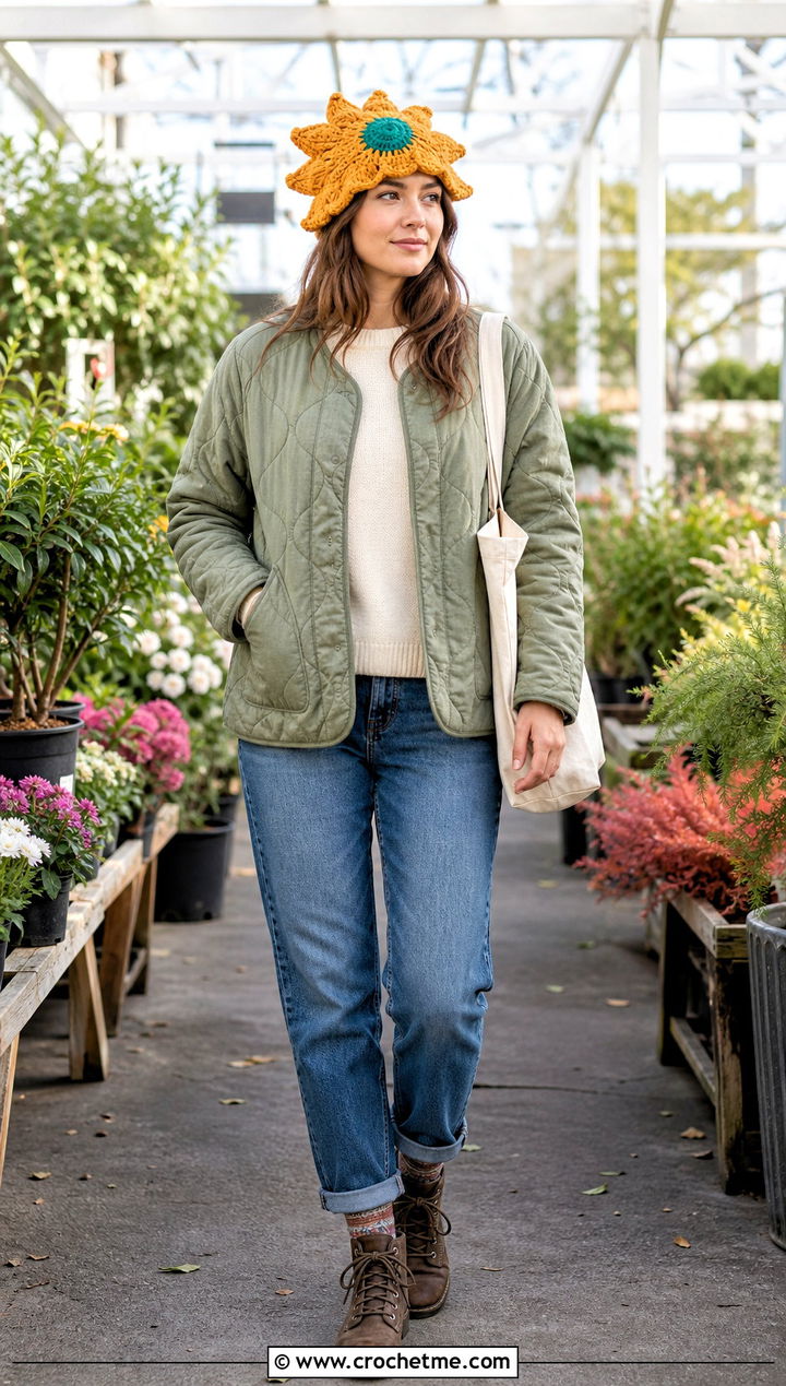 Floral Star Beanie With Quilted Jacket - 35 crochet star beanie outfit ideas