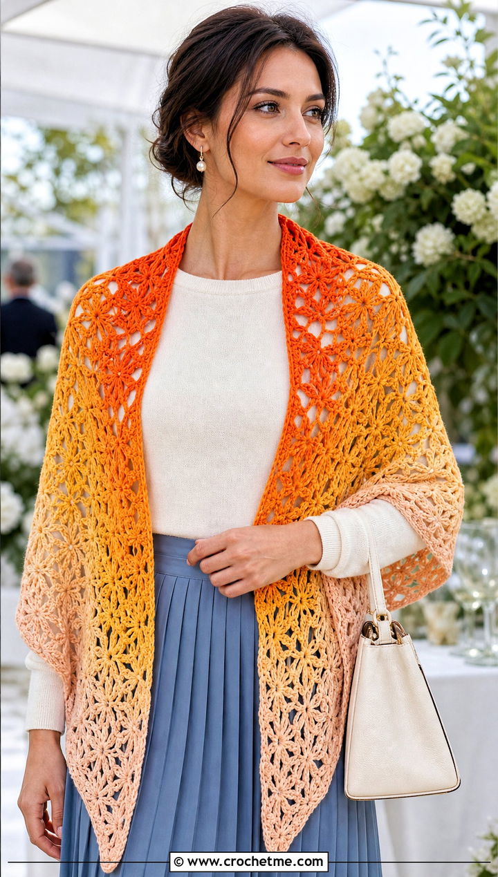 Floral Stitch Crochet Fade Shawl With Pleated Skirt - 15 Crochet Fade Shawl outfit ideas
