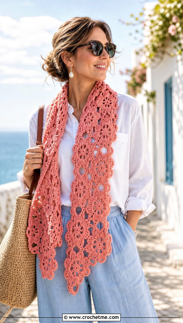 Floral Stitch One Row Repeat Crochet Scarf With Linen Pants - 20 one row repeat crochet scarf outfit ideas