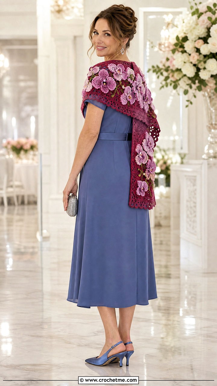 Floral Stole Crochet Scarf With Wedding Guest Midi Dress - 35 crochet flower scarf outfit ideas