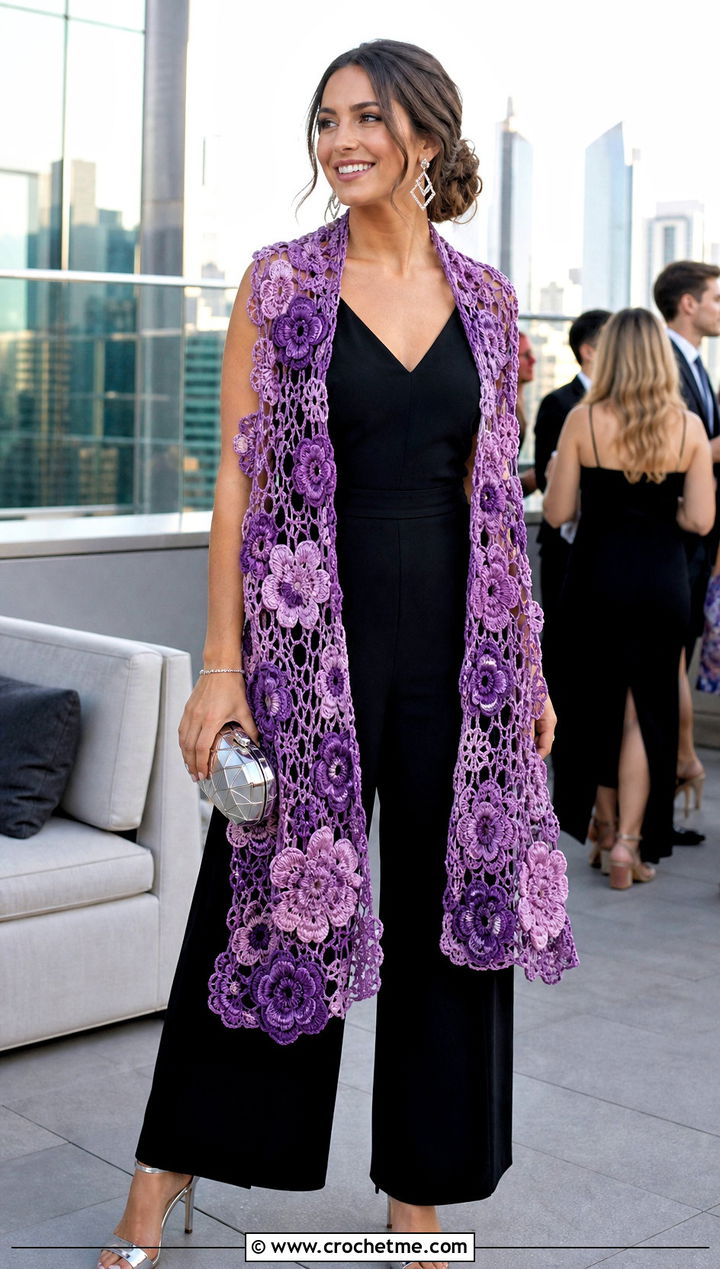Floral Stole Irish Crochet Shawl With Party Jumpsuit - 20 Irish Crochet Shawl outfit ideas