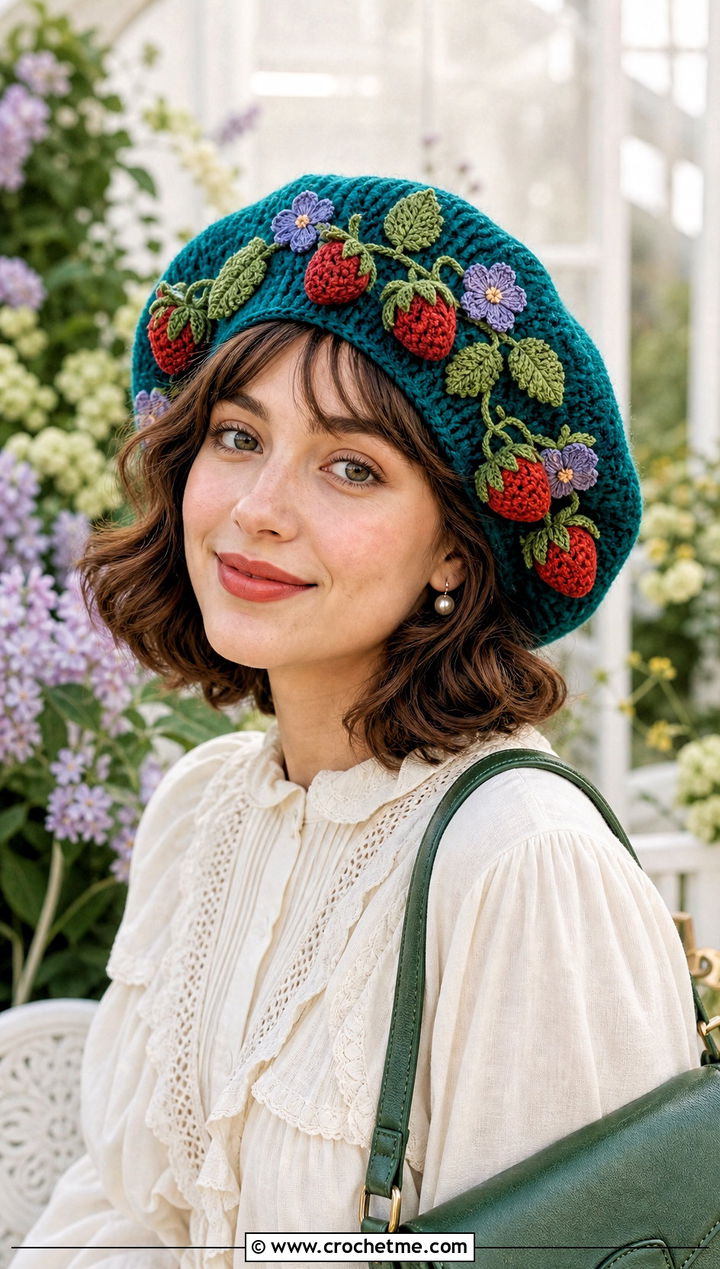 Floral Strawberry Crochet Beret With Romantic Blouse - 25 strawberry crochet beret outfit ideas