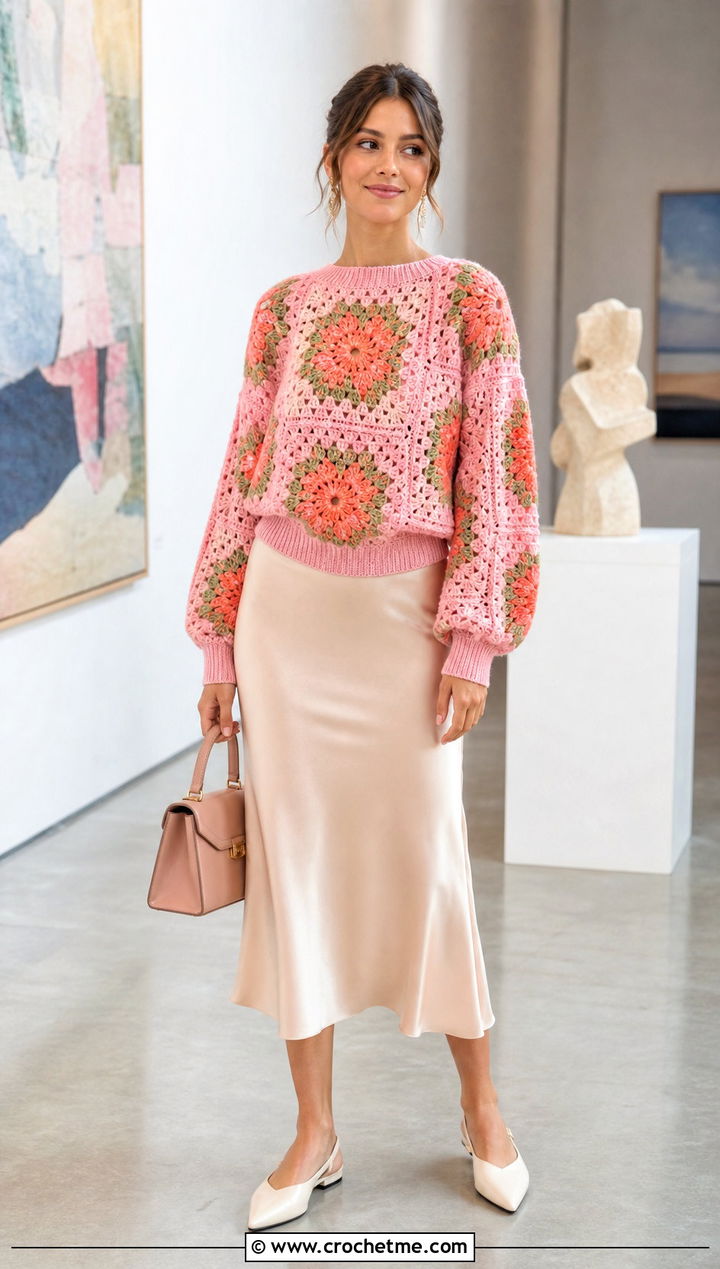 Floral Tapestry Crochet Jumper With Satin Midi Skirt - 30 Tapestry Crochet Jumper outfit ideas