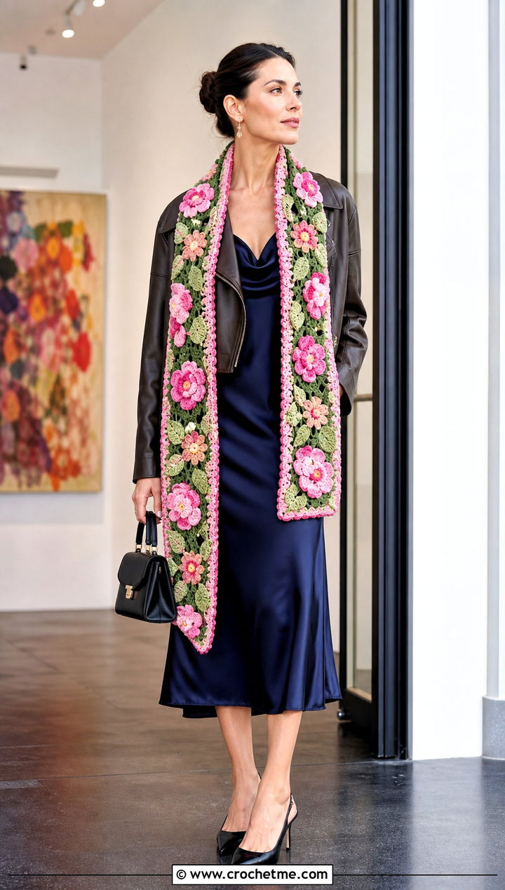 Floral Tapestry Crochet Scarf With Slip Dress - 35 tapestry crochet scarf outfit ideas