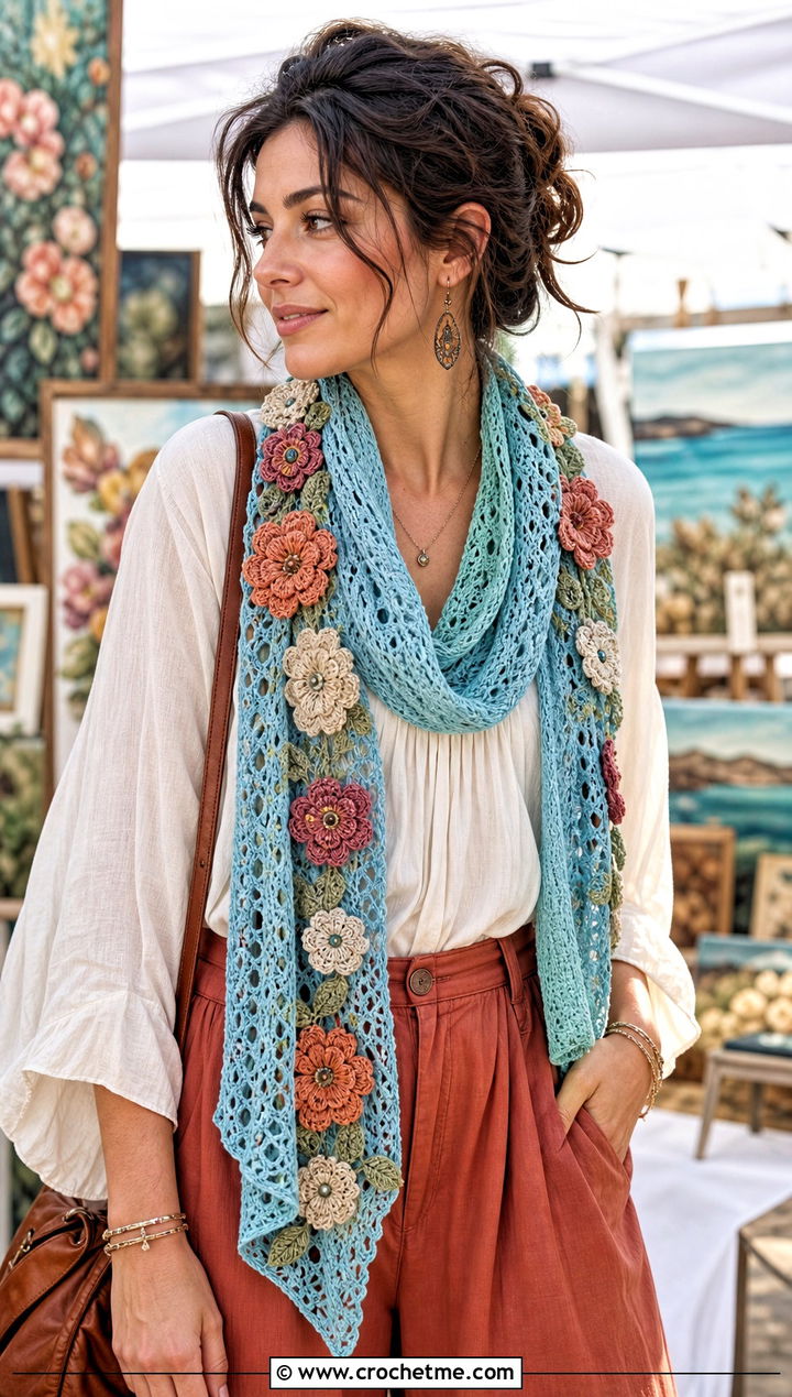 Floral Trim Crochet Road Trip Scarf With Wide Leg Pants - 15 Crochet Road Trip Scarf outfit ideas
