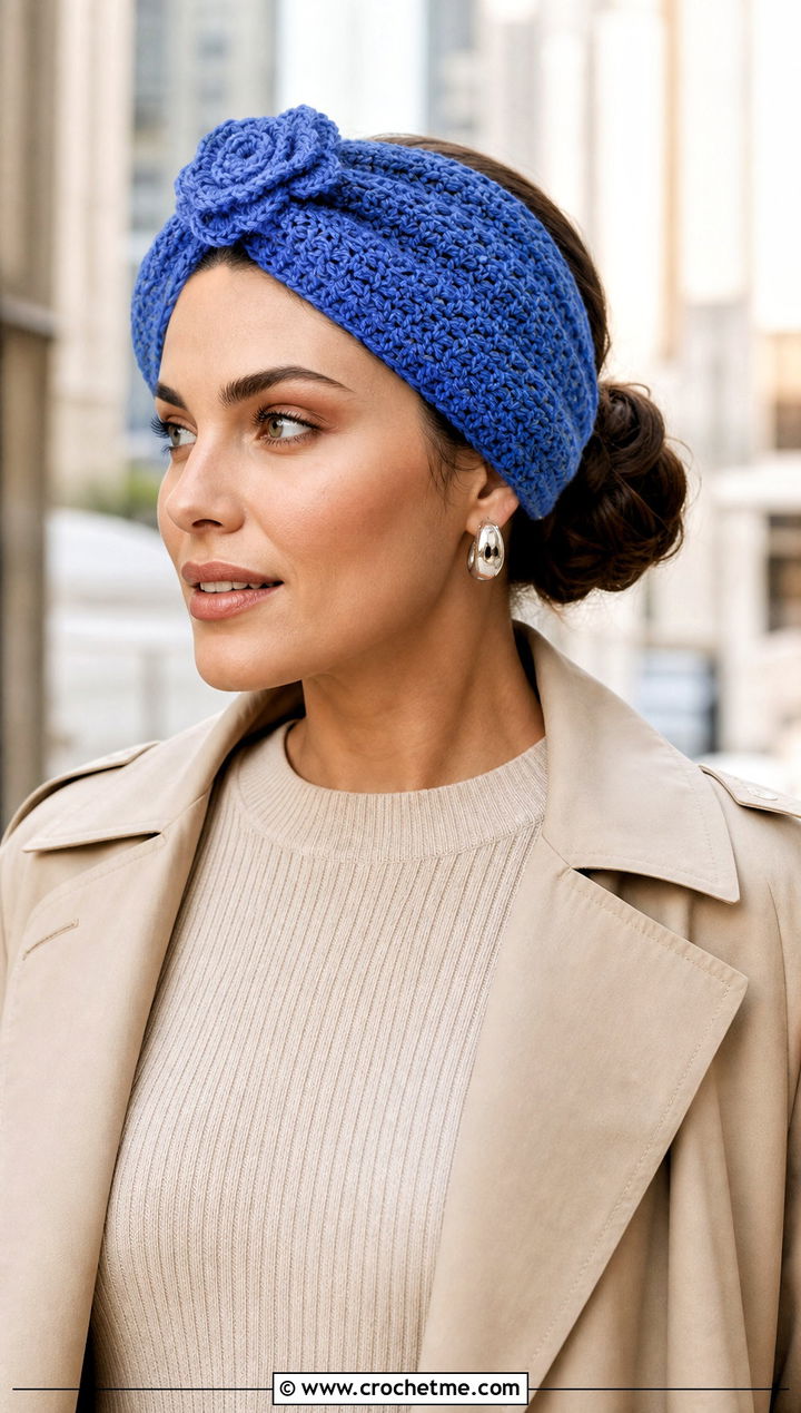 Floral Turban Crochet Headband With Knit Dress - 15 crochet headband with flower decoration outfit ideas