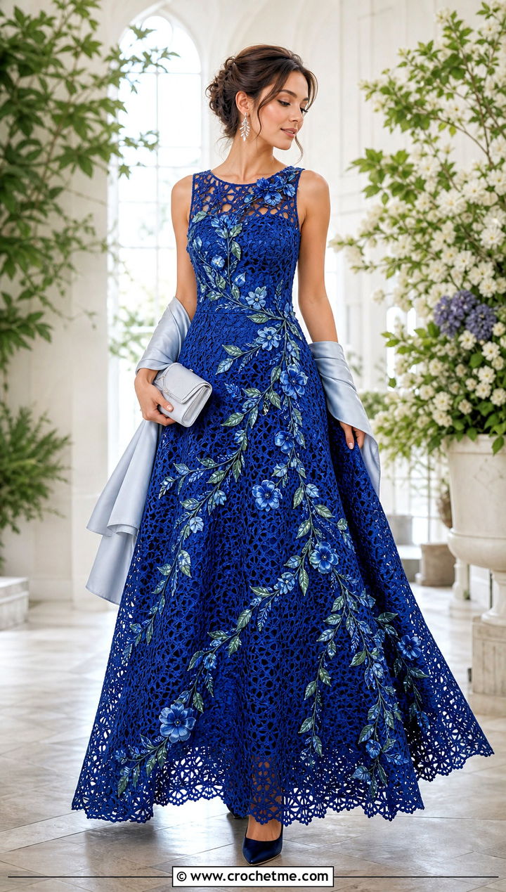 Floral Vine Crochet Ball Gown With Satin Shawl - 30 crochet ball gown dress outfit ideas