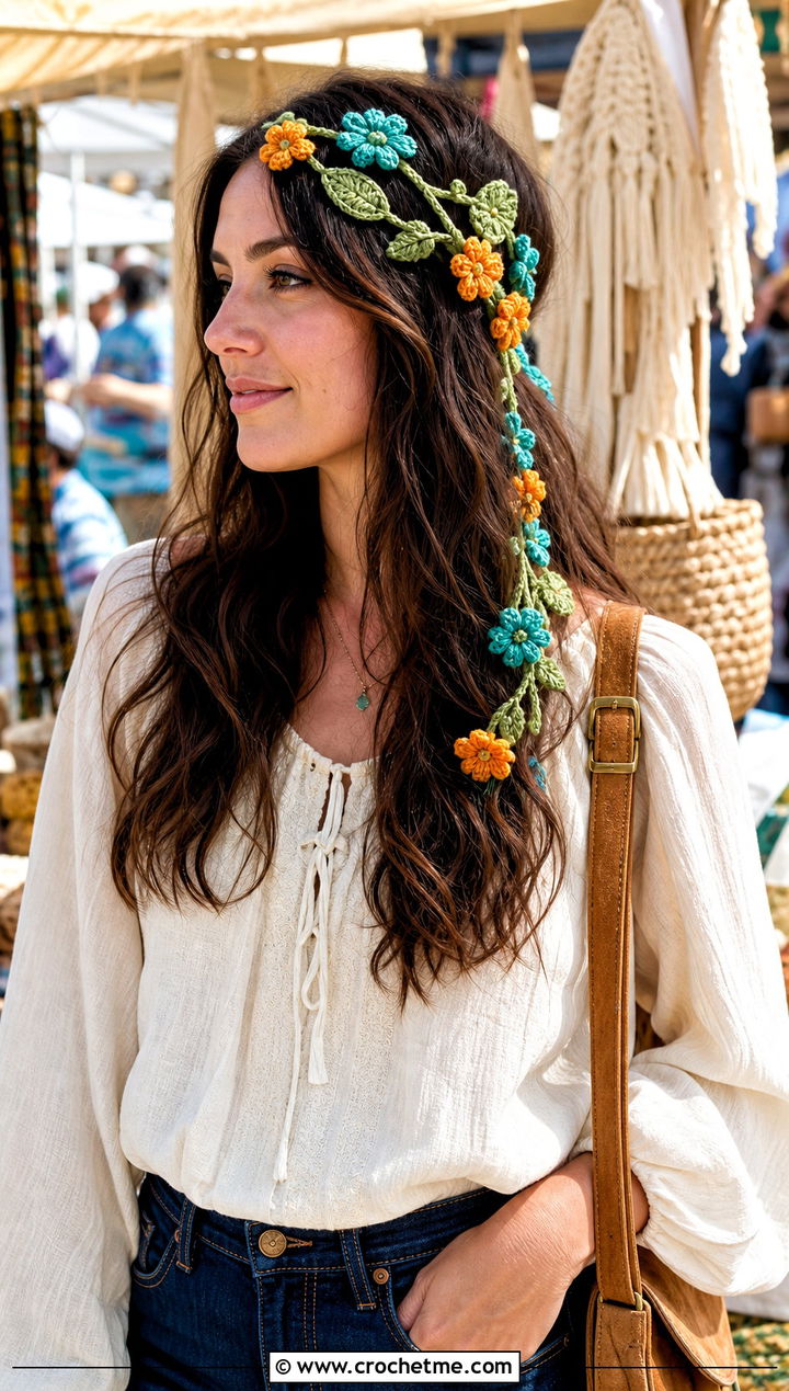 Floral Vine Crochet Hippie Headband With Boho Blouse - 25 crochet hippie headband outfit ideas