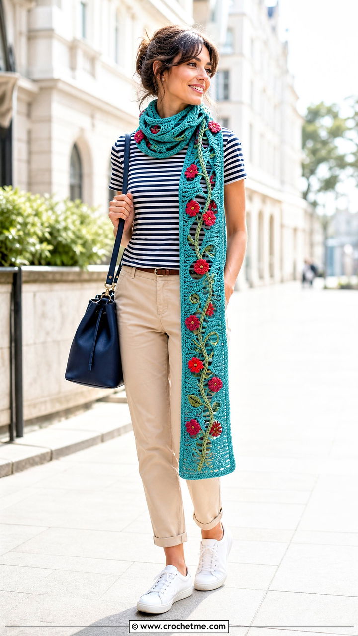 Floral Vine Crochet Scarf With Striped T Shirt And Chinos - 35 crochet flower scarf outfit ideas