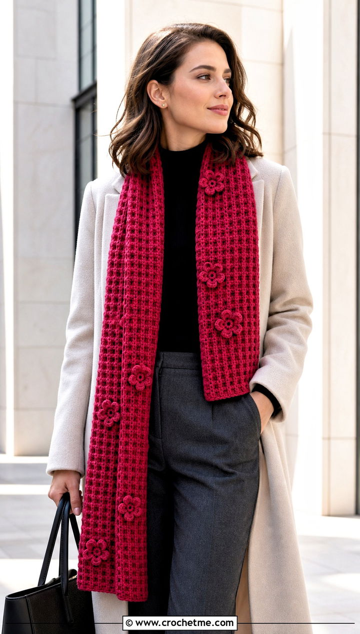 Floral Waffle Stitch Crochet Scarf With Minimalist Coat - 30 waffle stitch crochet scarf outfit ideas
