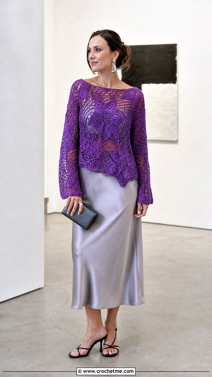 Floral Web Crochet Mesh Sweater With Satin Slip Skirt - 35 crochet mesh sweater outfit ideas