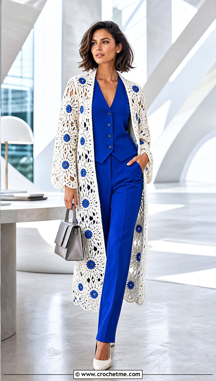 Floral White Crochet Kimono With Monochrome Suit - 15 White Crochet Kimono outfit ideas